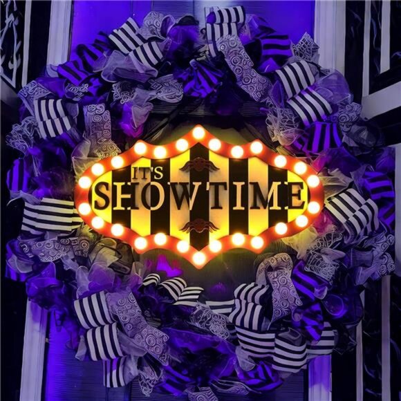 Halloween Door Sign Light Sign Decoration It's Showtime with LED Lights Wooden - Picture 4 of 7